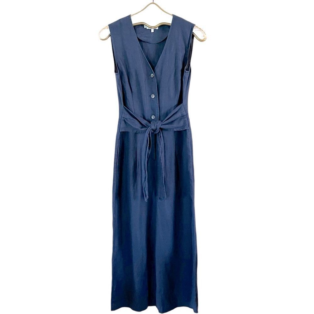 Hobbs Lindie Navy Blue Linen Tie Waist Jumpsuit